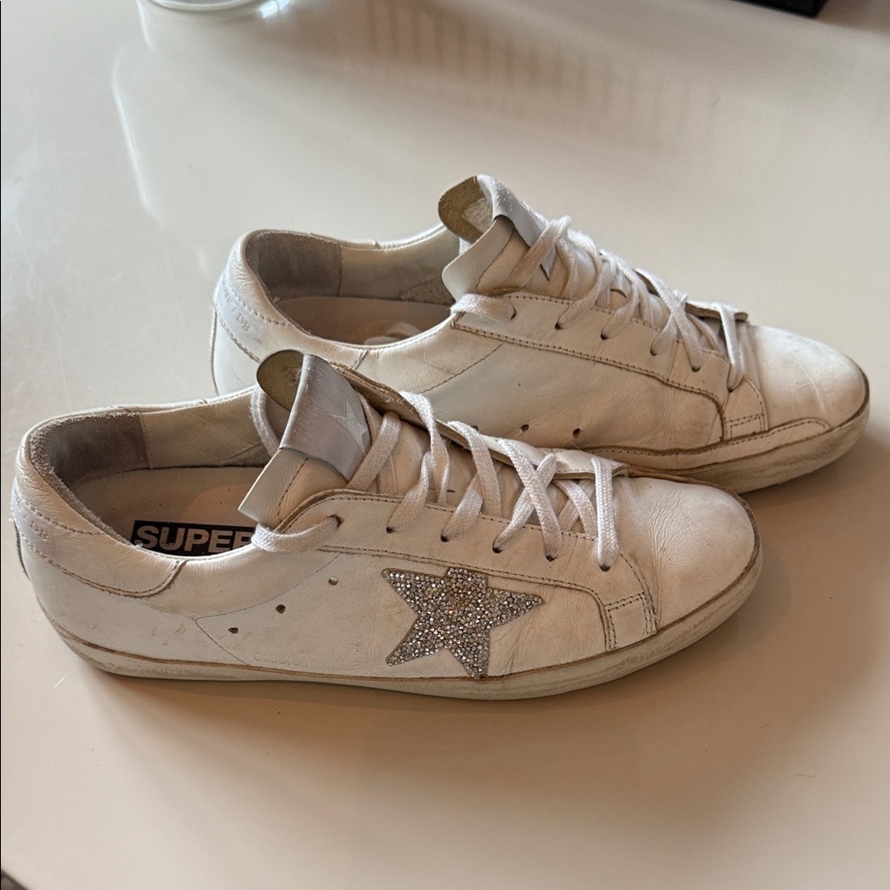 Limited Edition Golden Goose White Sneakers with Silver Swarovki Star